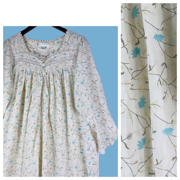 Eileen West Sz Medium 8 10 Nightgown Floral Lace Trim Ivory Blue Cotton - Picture 2 of 6